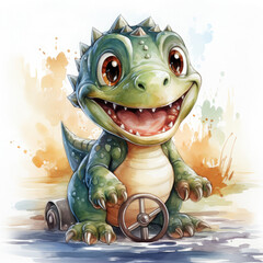 Watercolor Cartoon dinosaur characters driving, clipart Illustration, Generative Ai
