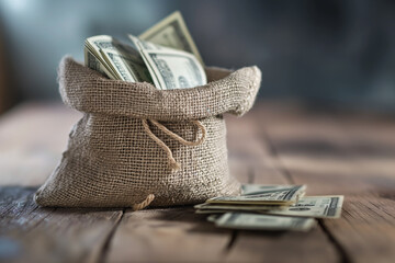 Burlap money bag with US dollars spilling on wooden table, financial savings concept