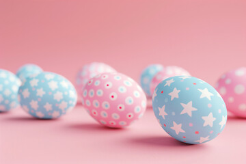Fototapeta na wymiar Pastel-colored Easter eggs with polka dots and stars, festive decoration concept