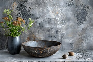 Minimalistic art work featuring simple flower pots and plates on grunge concrete background