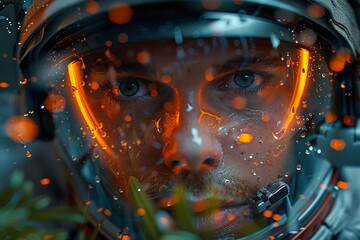 Closeup of a man in an electric blue space suit with helmet on - Powered by Adobe