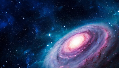 A vibrant galaxy swirls with stars and cosmic colors against the vastness of space