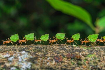 Leafcutter Ants Carrying Leaves in a Line