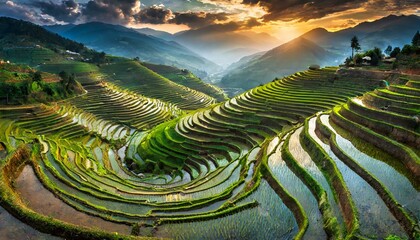 Top view, A series of terraced rice paddies cascading down the slopes of a mountain valley, their verdant tiers creating a breathtaking tapestry of agricultural beauty.