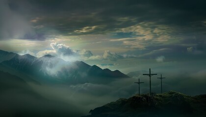 Obraz premium The Christian themed on a background with dramatic at dawn, with a beautiful sea of ​​clouds, dark clouds and sky and sunbeams