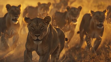 Pride of Lions on the Prowl at Sunset