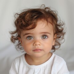 Fototapeta premium Inquisitive Baby Girl with Curly Light Brown Hair and Deep Green Eyes