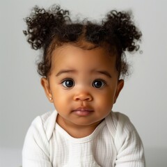 Naklejka premium Adorable Caribbean Baby Girl with Curly Pigtails and Big Brown Eyes