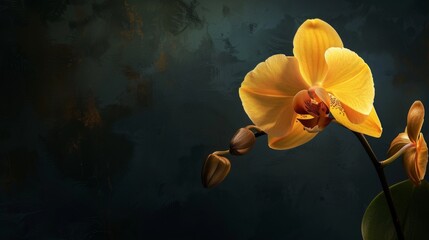 Bold graphic yellow orchid contrasts dark moody background for striking modern artistic portrayal