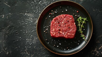 Raw meat steak on black plate, realistic food photography with natural light, indoor top down view - obrazy, fototapety, plakaty