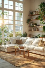 This is a photo of a simple and cozy wooden floor living room interior with a large window, white cushions, and a white sofa with plenty of natural light.