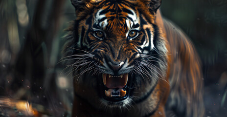Close-up portrait of a tiger with sharp teeth in the wild. 