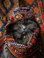 cute Cat Adorned in Cozy Scarf and Jacket, Posing with Elegance cooking and dancing cat with outfit