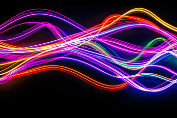 Neon lines symphony of light and color. Abstract artwork on black background.