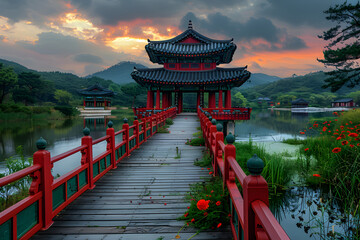 Red ancient oriental bridge and pavilion built over a pond on a cloudy and dark day
