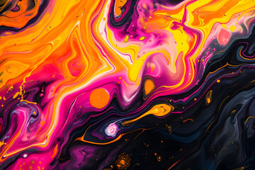 Vibrant neon abstract painting. Orange and pink swirls on black background.