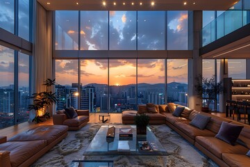 This is a photo of a luxurious office interior with floor-to-ceiling windows, high-rise views, wide tables, sofas, flower pots, and soft lighting combined with the sunset.