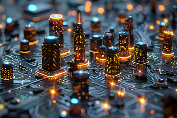 A close-up shot of a city building sitting on an electronic board emitting orange electroluminescence.