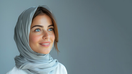 Arab business woman in white shirt smile looking up towards copy space