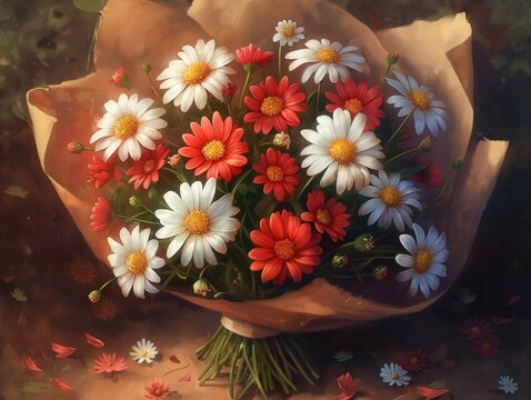 A bouquet of white and red flowers is displayed in a brown paper bag. The flowers are arranged in a way that creates a sense of balance and harmony. The colors of the flowers complement each other