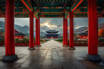 A panoramic view of the oriental and beautiful ancient Korean architecture seen from the main gate towards the main building.