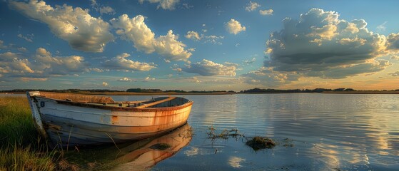 A wooden boat anchored on land in a sea or river on a clear day