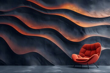 A red chair sits in a dark room with dark wavy walls illuminated by red lights.