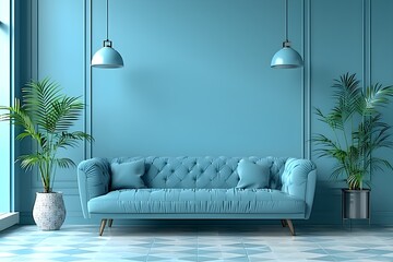 The interior is clean and cozy with light blue walls, cushions, sofas, white flower pots, and bright lighting.