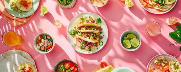 Top down view of a table full of Mexican tacos with lots of side dishes and sauces