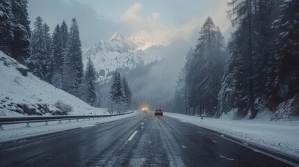 Swiss alpine drive  snowy peaks, trees, fields seen from car window in scenic mountain route