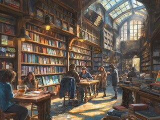Fototapeta na wymiar A painting of a library with people sitting at tables and reading. The mood of the painting is peaceful and quiet