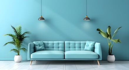 The interior is clean and cozy with light blue walls, cushions, sofas, white flower pots, and bright lighting.