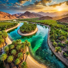 Top view, A sprawling desert oasis, where palm groves and verdant fields flourish around a central...