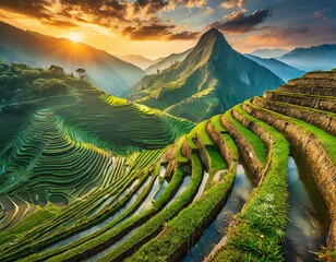 Top view, A series of cascading terraces carved into the mountainside, where ancient civilizations once cultivated crops in harmony with the land. - obrazy, fototapety, plakaty