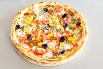 Delicious mixed pizza with rich content. Menu concept of choice and diversity. Pepperoni, Formaggi, Veggie, Karisik pizza