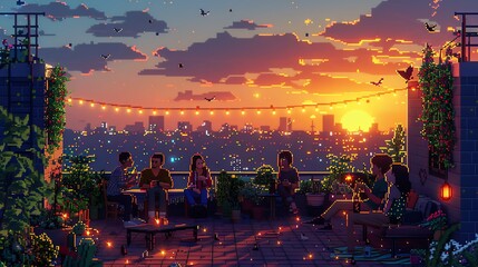 Create a pixel art illustration of a cozy rooftop garden Include a diverse group of friends chatting, surrounded by plants, fairy lights, and a view of the city skyline at sunset, with tiny details li - obrazy, fototapety, plakaty