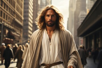 Modern city messiah: jesus christ in the heart of today's bustling metropolitan landscape, a symbol of spirituality amidst contemporary urban life