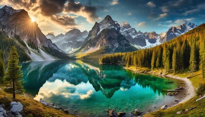 Top view, A serene alpine lake nestled within a valley, its pristine waters reflecting the surrounding peaks and forests like a mirror.