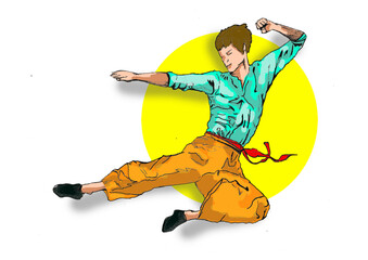 person jumping fighting carater pose 
