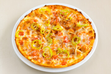 Delicious mixed pizza with rich content. Menu concept of choice and diversity. Pepperoni, Formaggi, Veggie, Karisik pizza