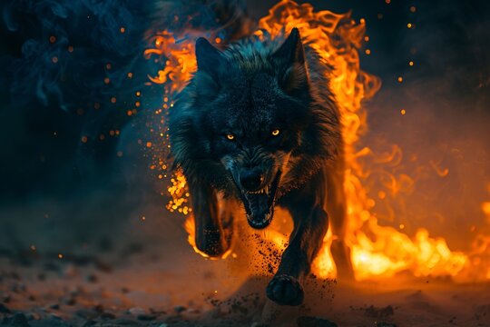 The wolf with a big sharp teeth in the fire on a black background