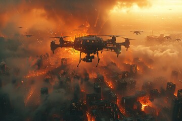 A drone navigating through a city engulfed in flames - obrazy, fototapety, plakaty