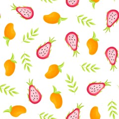 Seamless vector pattern with lemons, kiwi, greens, mango, blueberry, mint, daronia fruit, flowers and geometric stripes.