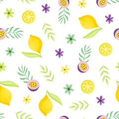 Seamless vector pattern with lemons, kiwi, greens, mango, blueberry, mint, daronia fruit, flowers and geometric stripes.