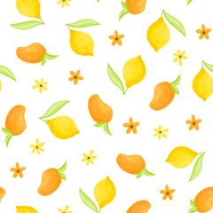 Obraz premium Seamless vector pattern with lemons, kiwi, greens, mango, blueberry, mint, daronia fruit, flowers and geometric stripes.