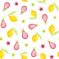 Seamless vector pattern with lemons, kiwi, greens, mango, blueberry, mint, daronia fruit, flowers and geometric stripes.