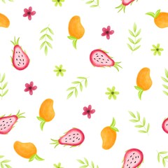 Seamless vector pattern with lemons, kiwi, greens, mango, blueberry, mint, daronia fruit, flowers and geometric stripes.