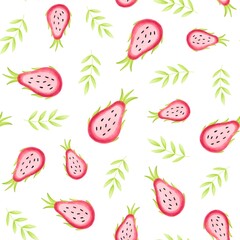 Seamless vector pattern with lemons, kiwi, greens, mango, blueberry, mint, daronia fruit, flowers and geometric stripes.