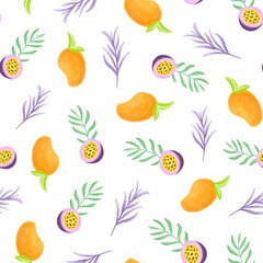Seamless vector pattern with lemons, kiwi, greens, mango, blueberry, mint, daronia fruit, flowers and geometric stripes.