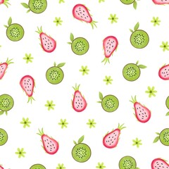 Seamless vector pattern with lemons, kiwi, greens, mango, blueberry, mint, daronia fruit, flowers and geometric stripes.